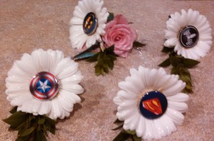 Groomsmen wore boutonnieres with buttons of their favorite superhero.