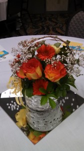 Baskets decorated some tables.